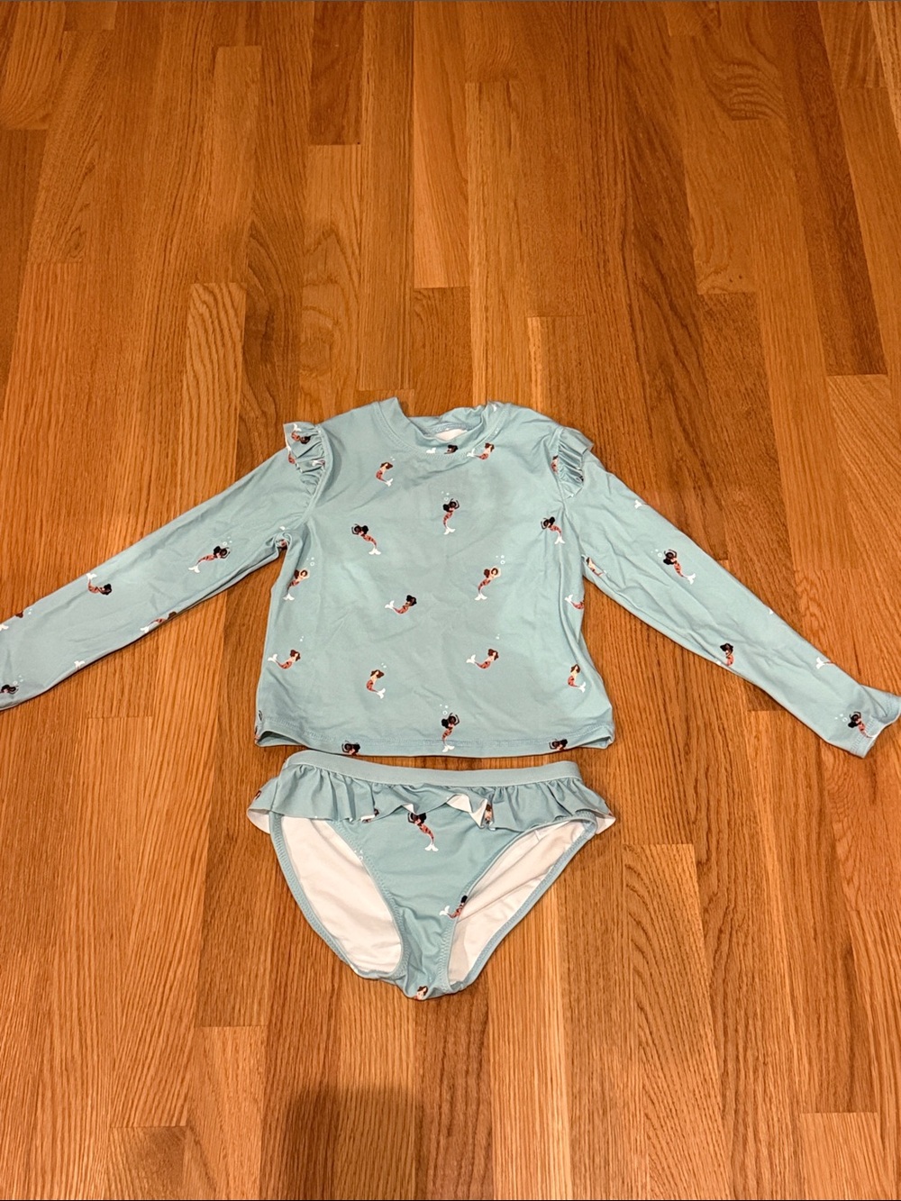 Kids Light Aqua Long-Sleeve Rashguard Two-Piece Swimsuit with Ruffle
